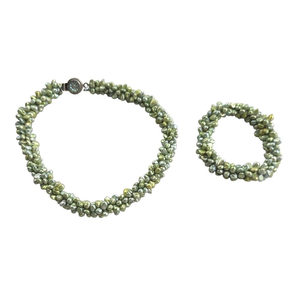 Genuine Pearl Choker Necklace & Bracelet Set‎ Vtg Green Sterling 925 Old Money